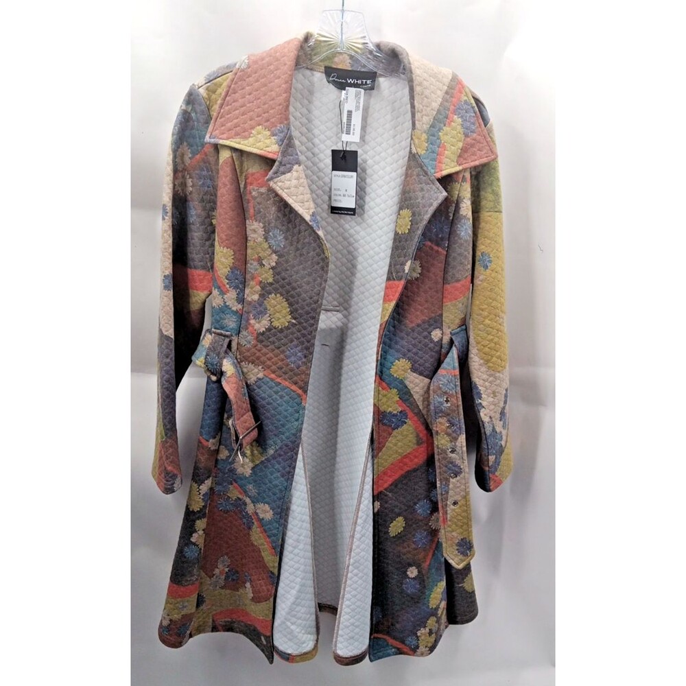 Donna White Trench Coat Women's Size: M Floral Open Front With Belt New